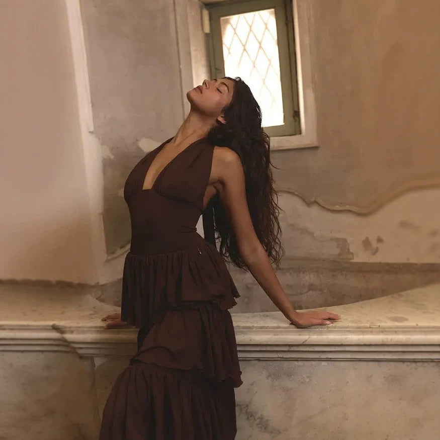 Damen Festliches Maxikleid mit Volantröcken Drune