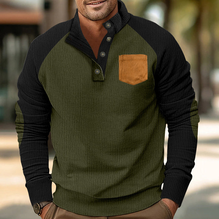 Herren nan geripptes Waffel-Henley-Langarmshirt mit Stehkragen Druckknopfleiste Kontrastärmeln und Brusttasche Drune