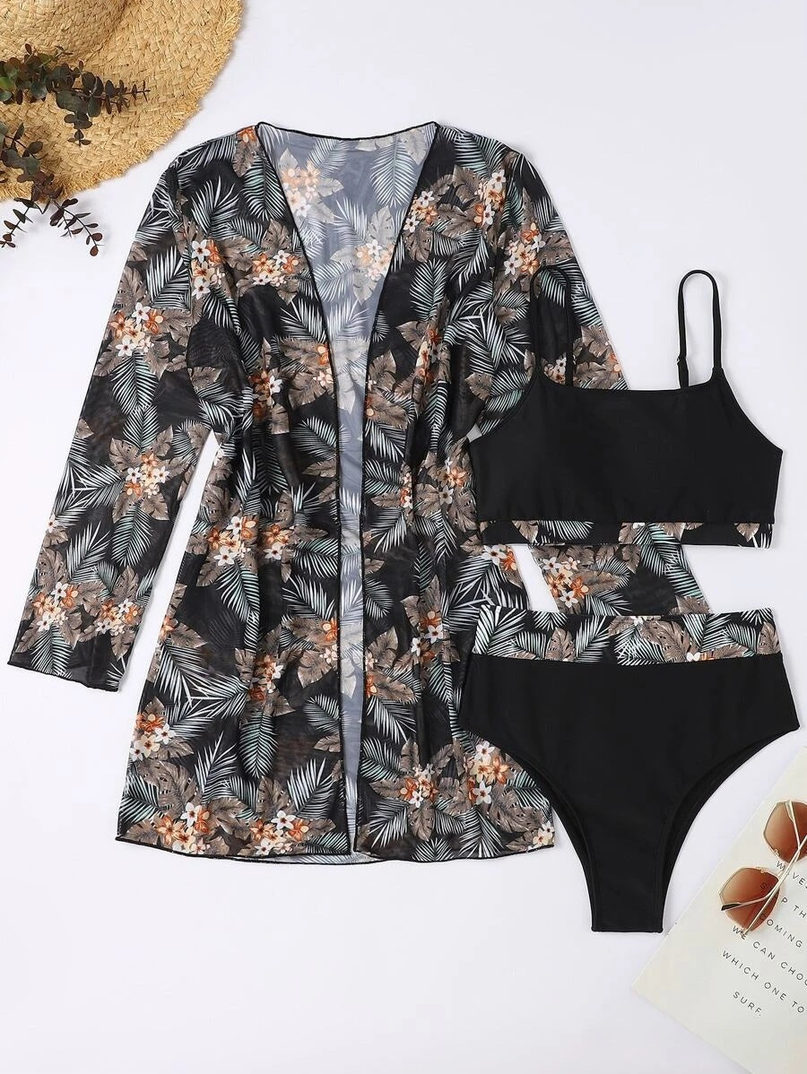 Damen Bikini-Set mit hochgeschnittenem Höschen und floralem Kimono Drune
