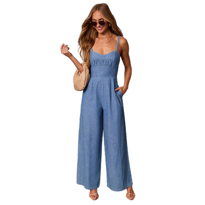 Damen Jeans-Jumpsuit mit weitem Bein und eleganten Trägern Drune