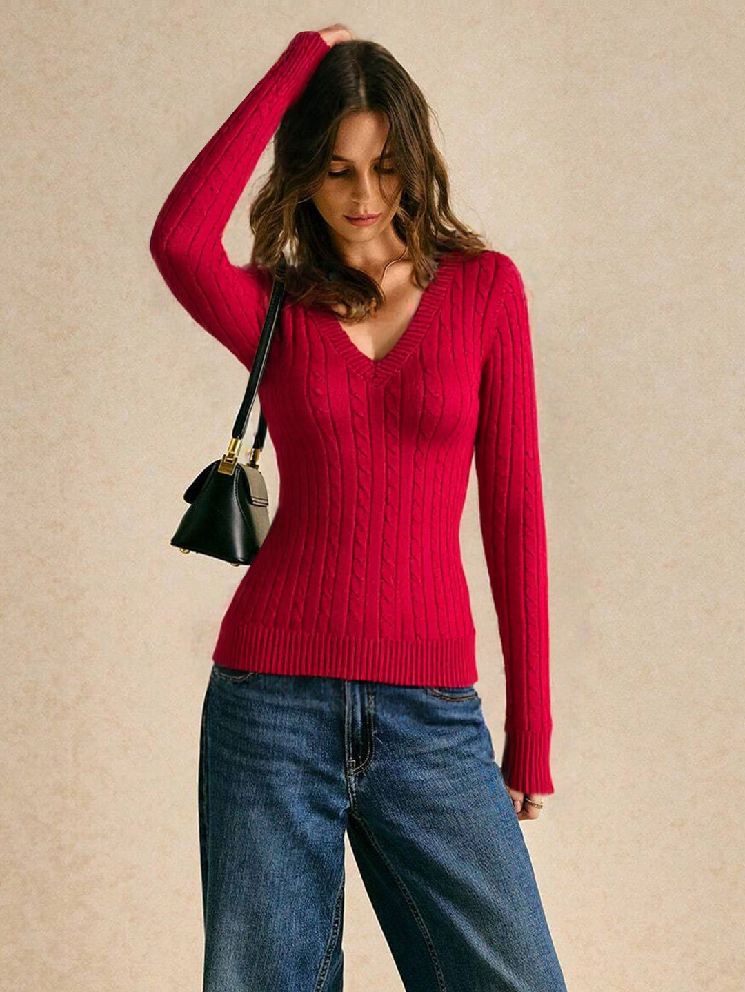 Damen Strickpullover mit V-Ausschnitt und Rippmuster Drune
