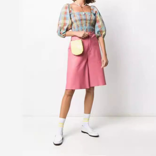 Damen Puffärmel Bluse mit kariertem Design Drune