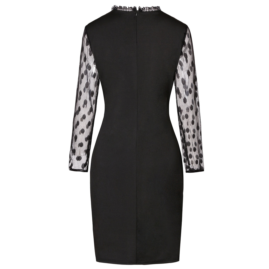 Damen schickes Partykleid mit transparenten Puffärmeln und Punkten Drune