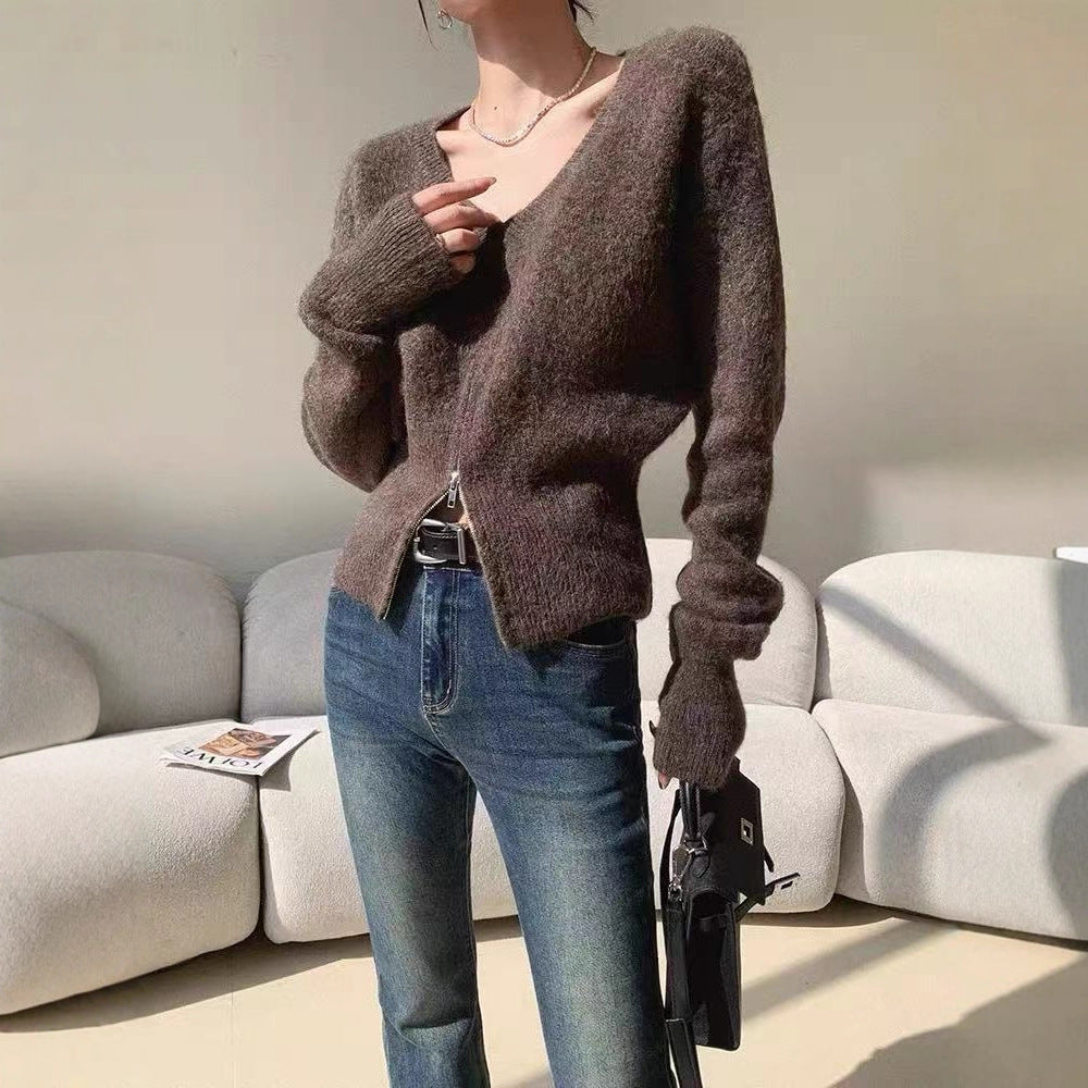Damen modischer Strickcardigan mit V-Ausschnitt und praktischen Reißverschlüssen Drune