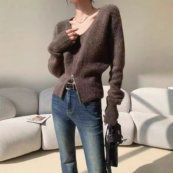 Damen modischer Strickcardigan mit V-Ausschnitt und praktischen Reißverschlüssen Drune