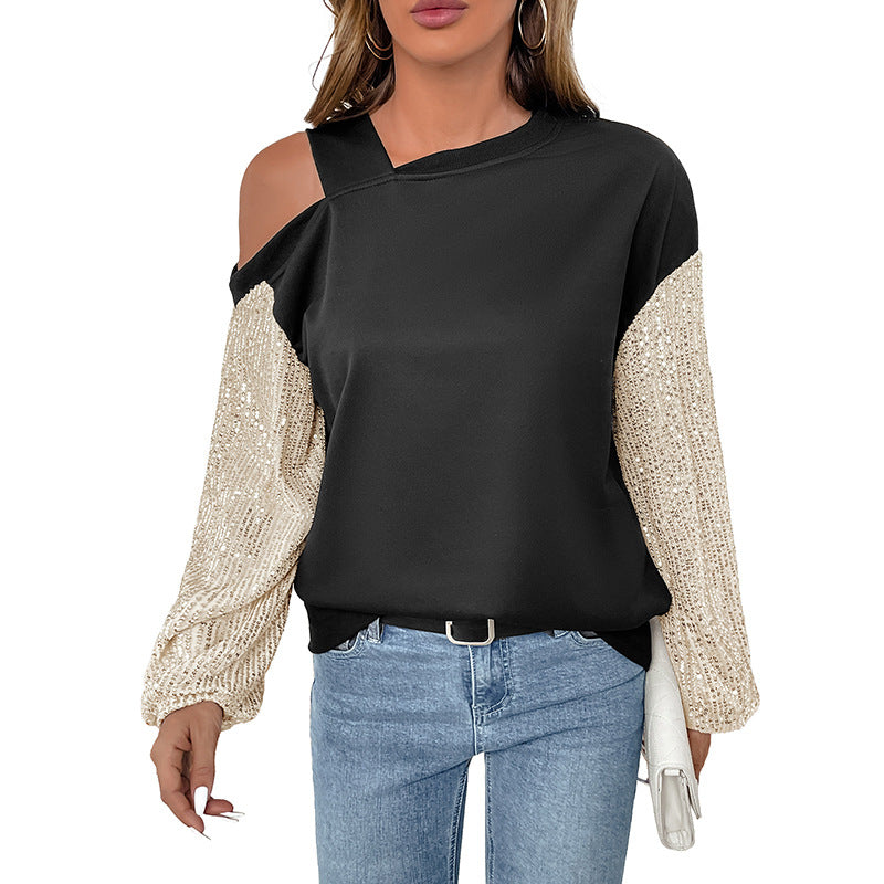 Damen Off-Shoulder Pullover mit glamourösen Paillettenärmel Drune