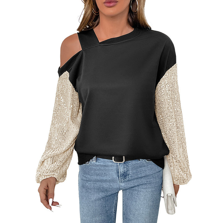 Damen Off-Shoulder Pullover mit glamourösen Paillettenärmel Drune