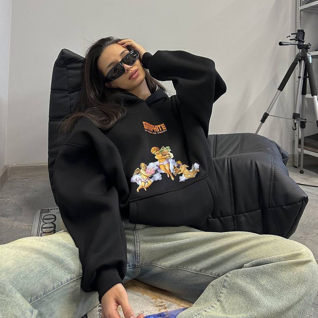 Damen Oversized Kapuzenpullover mit kreativem Druck und lässigem Schnitt Drune