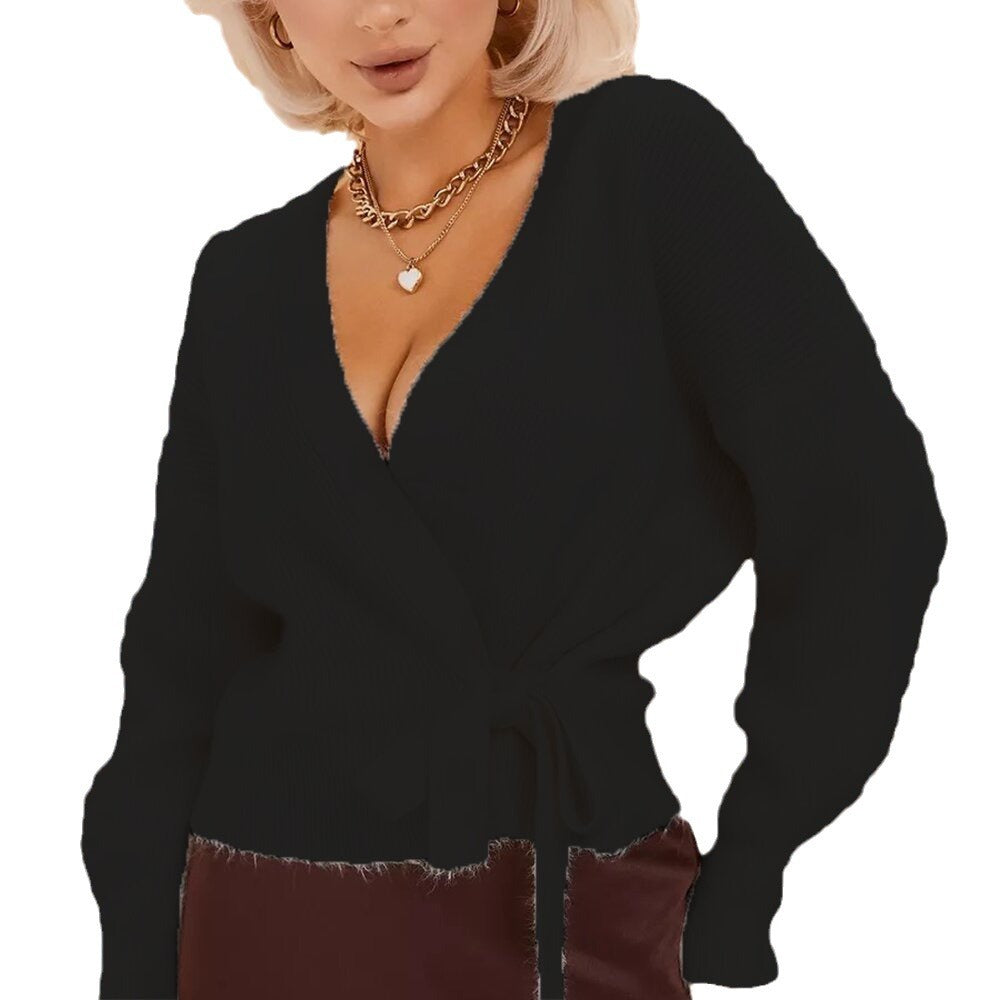 Damen Wickel-Strickjacke mit tiefem V-Ausschnitt und Bindegürtel Drune