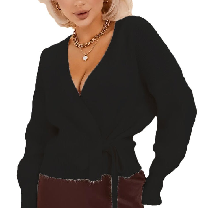 Damen Wickel-Strickjacke mit tiefem V-Ausschnitt und Bindegürtel Drune