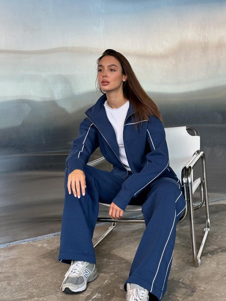 Damen nan zweiteiliges Sport-Loungewear-Set mit Stehkragen und Kontrastpaspel Drune