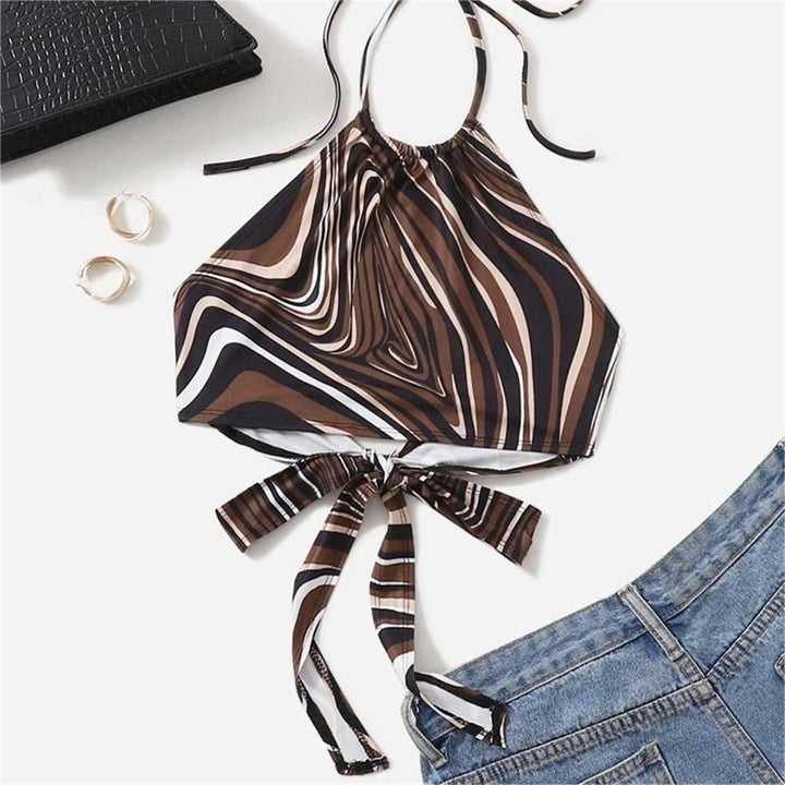 Damen trendiges Halter-Top mit elegantem Wickel-Design und grafischem Print Drune