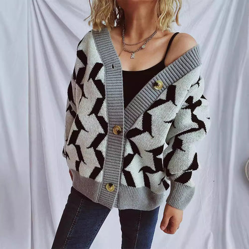 Damen Strickjacke mit modernem geometrischen Muster und eleganten Knopfdetails Drune