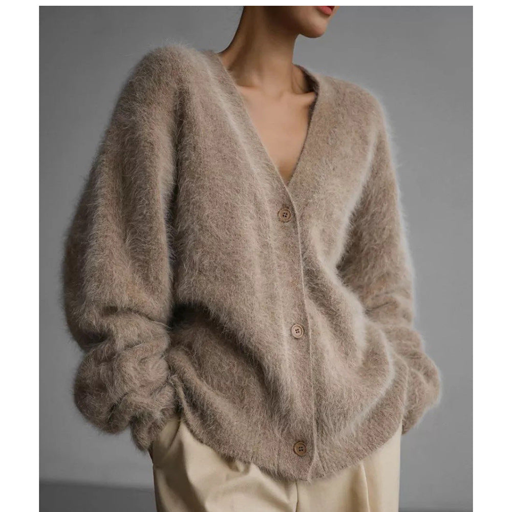 Damen Plush Button-Up Strickjacke Drune