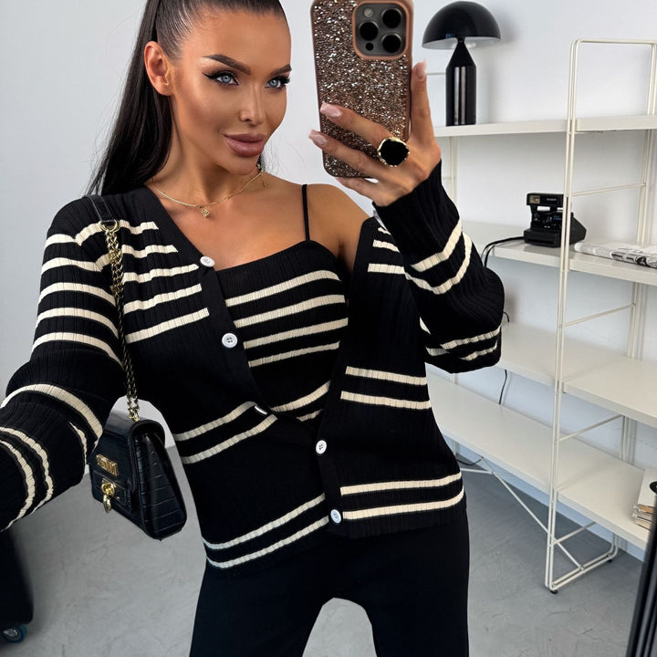 Damen Strick-Set mit eleganter Cardigan-Jacke und weitem Hosenbein Drune