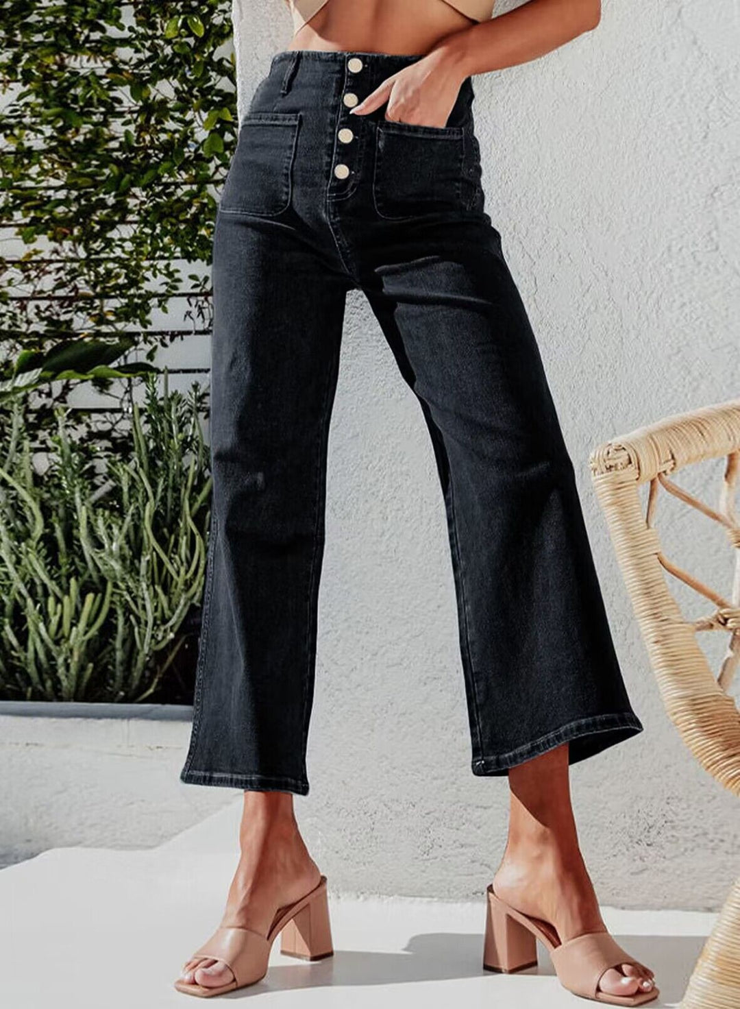 Damen Hochgeschnittene Denim-Hose mit Knopfverschluss und weitem Bein Drune