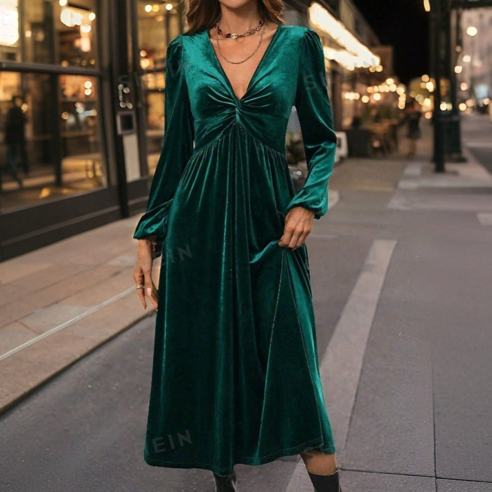 Damen Samt Midi-Kleid mit elegantem Wickeldesign und tiefem V-Ausschnitt Drune