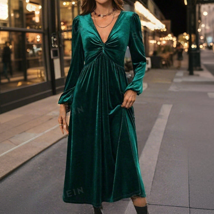 Damen Samt Midi-Kleid mit elegantem Wickeldesign und tiefem V-Ausschnitt Drune