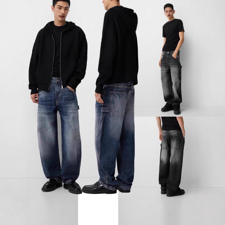 Herren nan lockere Carpenter-Jeans mit weitem Bein, tiefem Schritt und stonewashed Used-Optik Drune