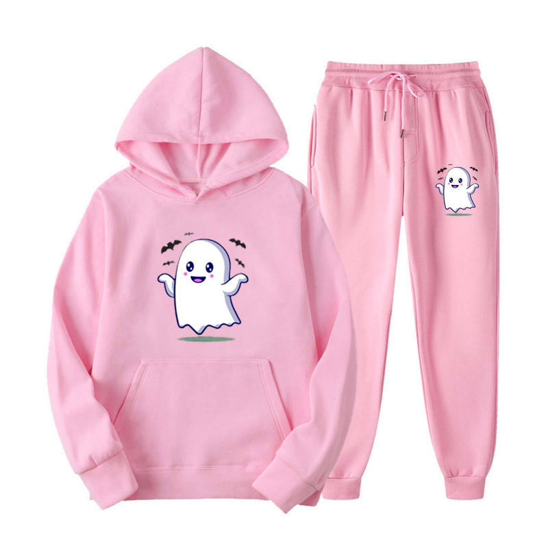 Unisex nan kuscheliger Kapuzenpullover und Jogginghose Set mit Halloween-Geistprint Drune