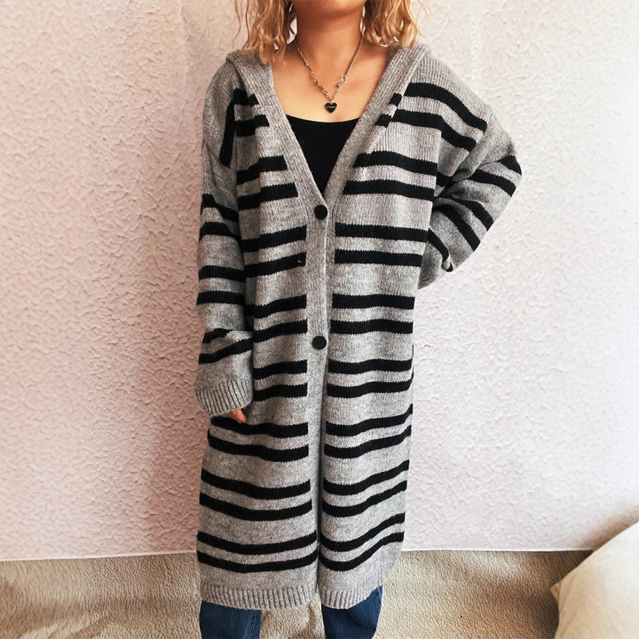Damen gemütlicher Strickcardigan mit hochgeschlossenem Kragen und modischem Streifenmuster Drune