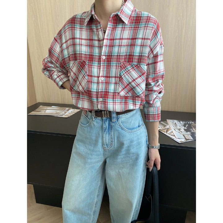 Damen lässige Karo-Hemdbluse mit zwei praktischen Brusttaschen Drune