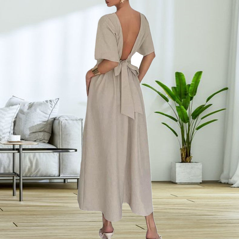 Damen Elegantessent Midi-Kleid mit tiefem Rückenausschnitt und Schleifenbändchen Drune