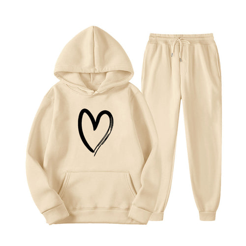 Damen Sweatsuit mit Kängurutasche und herzförmigem Print Drune