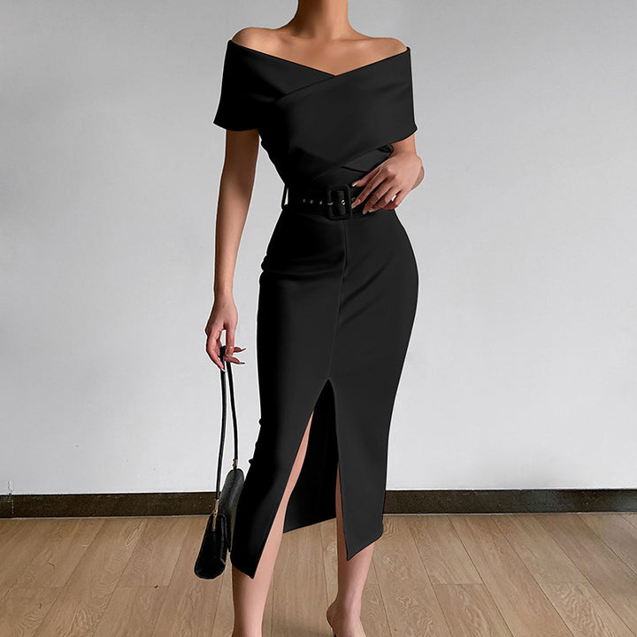 Damen Off-Shoulder Maxikleid mit Taillengürtel und seitlichem Schlitz Drune