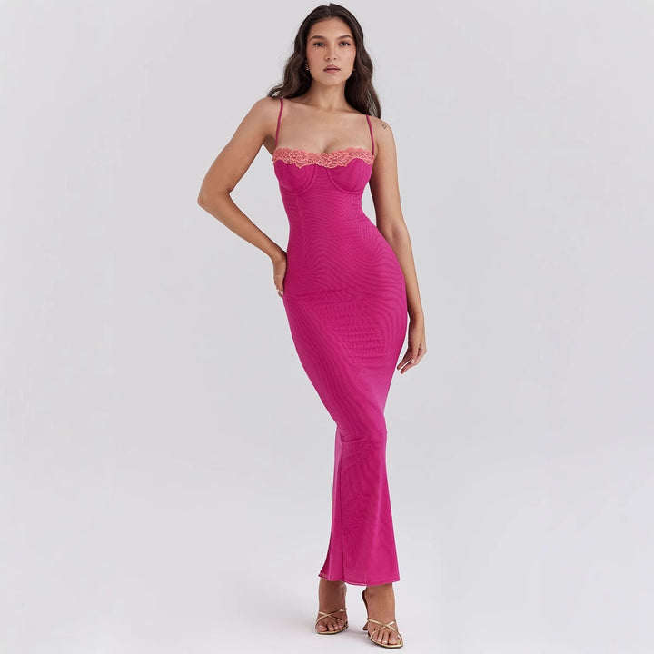 Damen figurbetontes Maxikleid mit transparentem Saum und romantischem Spitzenakzent Drune