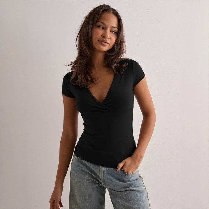 Damen Stilvolles Wickel V-Ausschnitt Top Drune