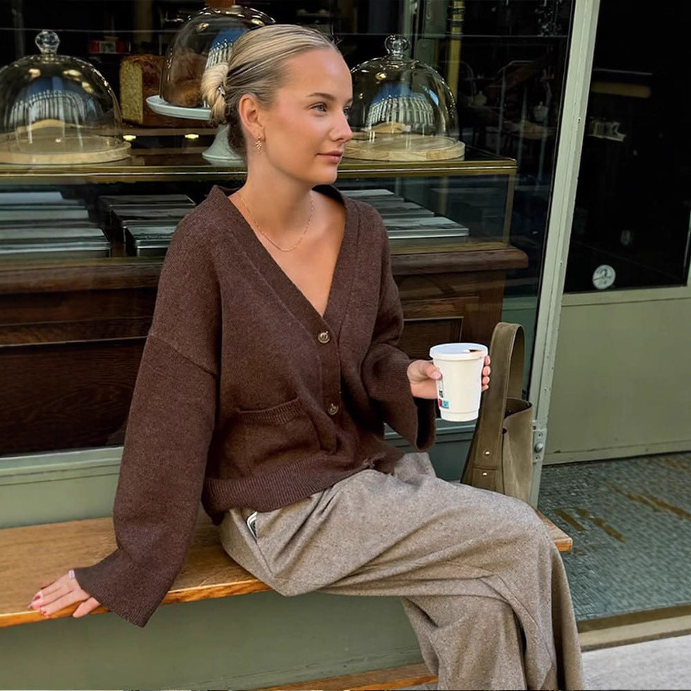 Damen lässige Strickjacke mit tiefem V-Ausschnitt und praktischen Taschen Drune