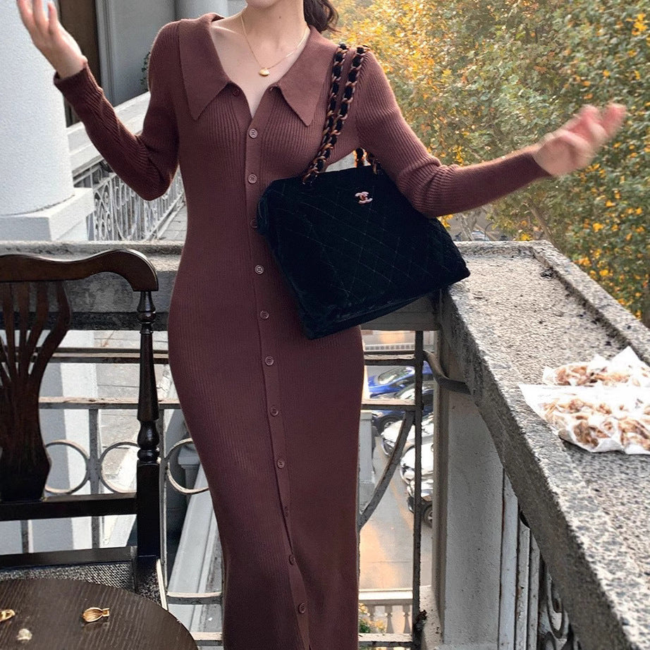 Damen Strickmaxikleid mit Knopfverschluss und modischem Kragen Drune