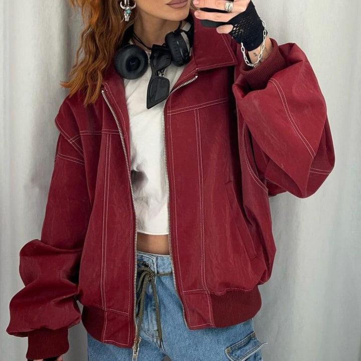 Damen Kunstlederjacke mit elastischen Bündchen und hochschließendem Kragen Drune