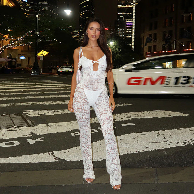 Damen stilvolles Langarm-Catsuit mit Spitzenverzierung und raffiniertem Ausschnitt Drune