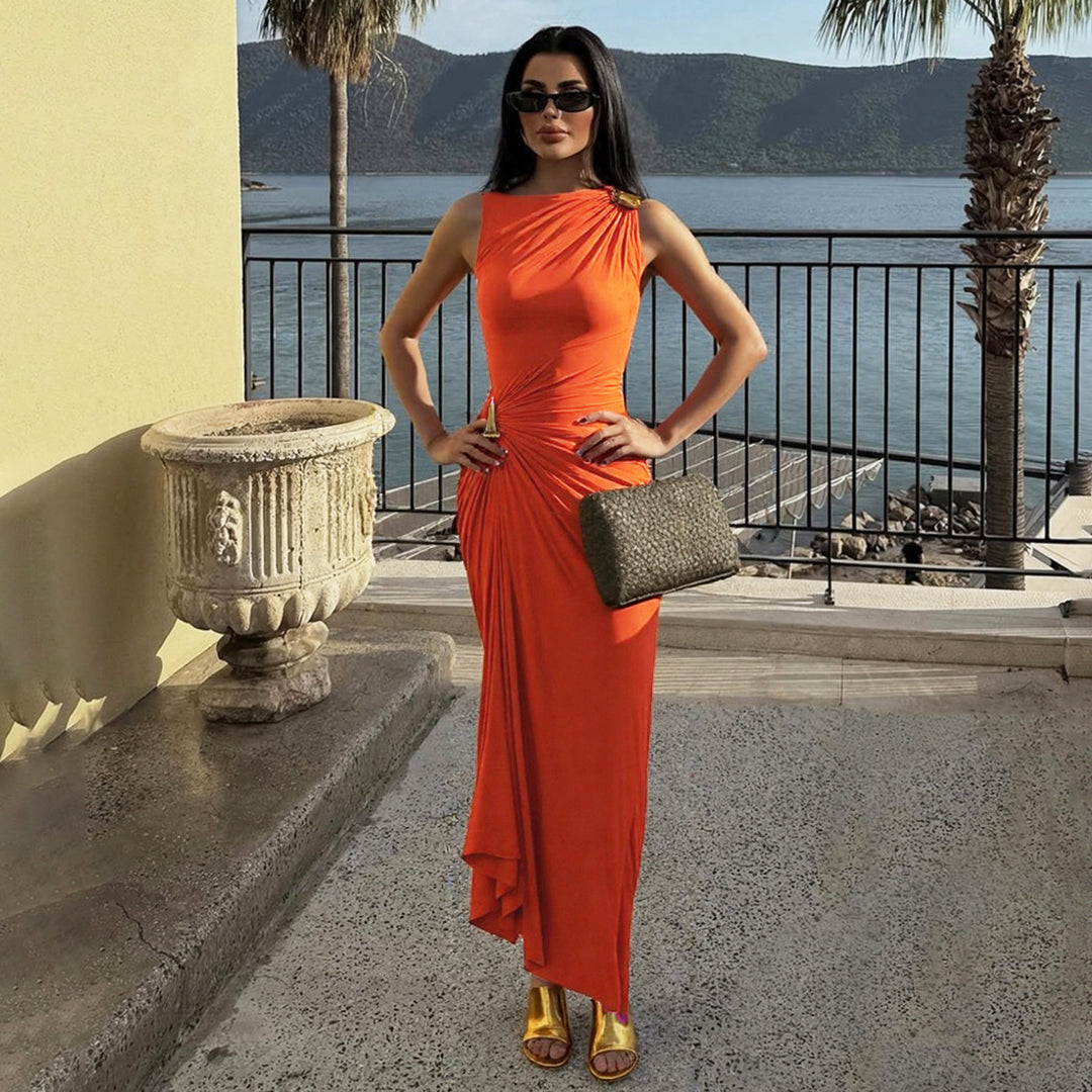 Damen figurbetontes Maxikleid mit asymmetrischem Schnitt und elegantem Raffungselement Drune