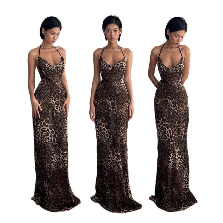 Damen Maxikleid mit elegantem Leopardenprint und offenem Rückenteil Drune