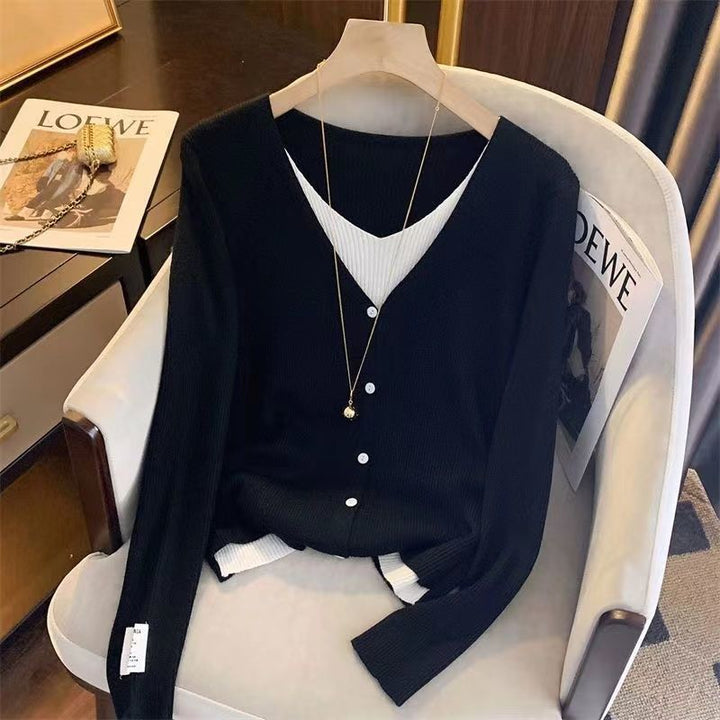 Damen elegante Strickjacke mit V-Ausschnitt und feinen Knopfdetails Drune