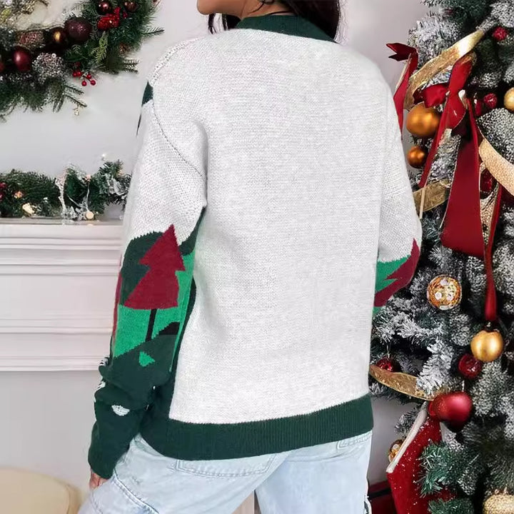 Damen Weihnachtspullover mit festlichem Schneemotiv und hohem Kragen Drune