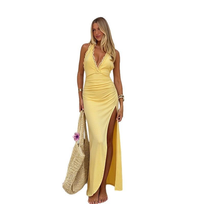 Damen Maxikleid mit tiefem V-Ausschnitt und seitlichem Schlitz Drune