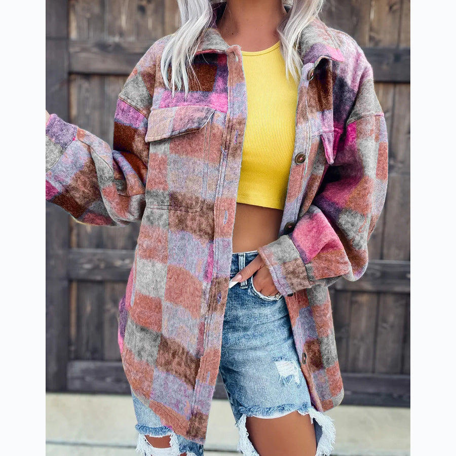 Damen Karo Oversize-Hemdjacke aus weichem Wollmaterial mit praktischen Taschen Drune