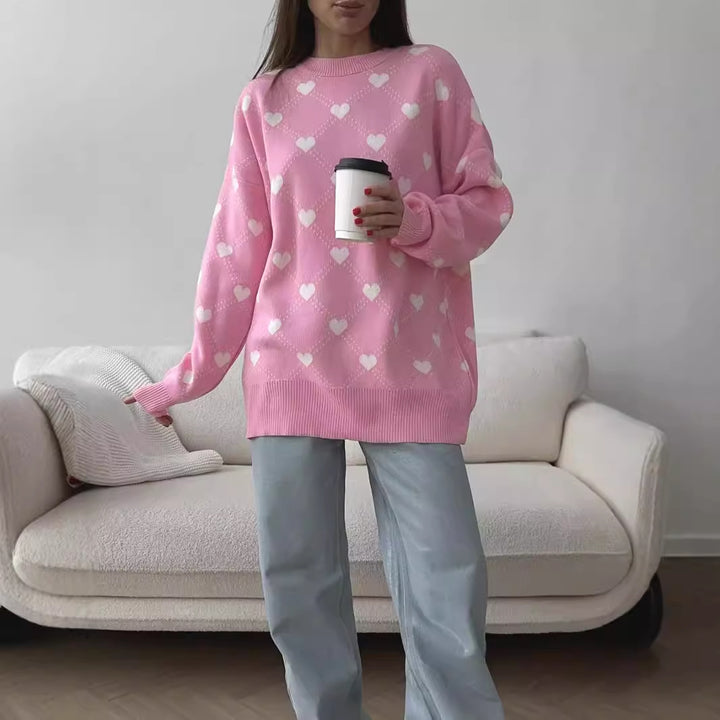 Damen Gemusterter Pullover mit Herzmotiven und weitem Schnitt Drune