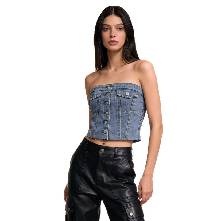 Damen Denim Bustier-Top mit Knopfdetail und Fransen Drune