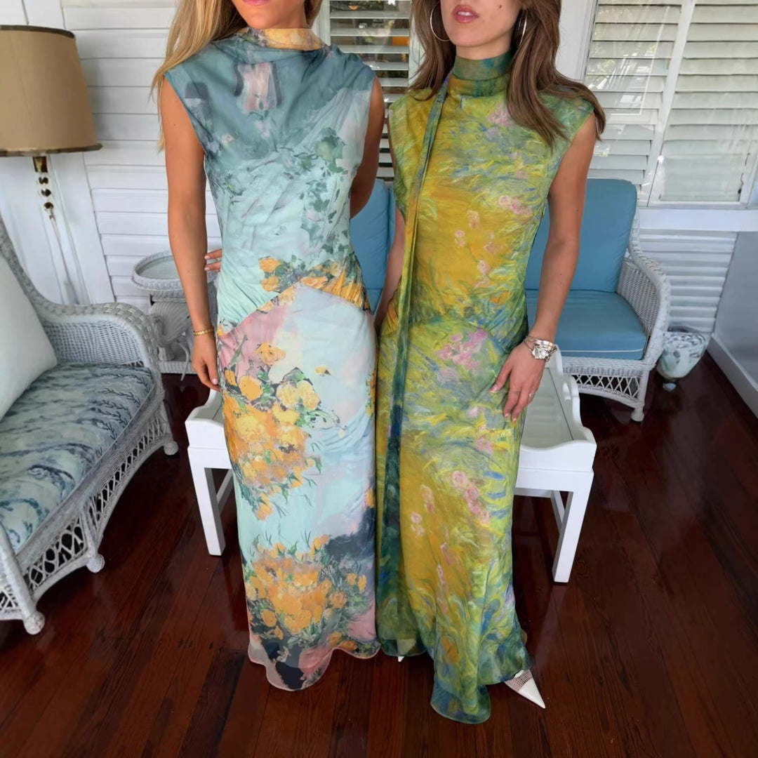 Damen Langes Kleid mit floralem Design und hochgeschlossenem Kragen Drune