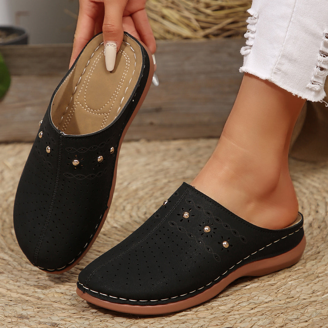 Damen  gepolsterte Mule-Pantoletten mit feiner Laserperforation, dekorativen Nieten und ergonomischer Memory-Innensohle Drune