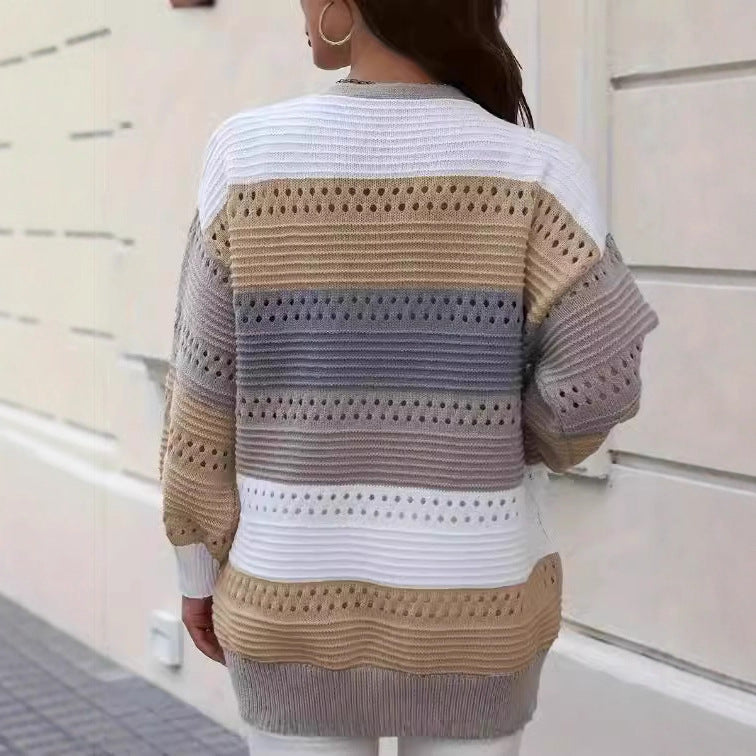 Damen Großer Strickcardigan mit einzigartigem Lochmuster und Farbblockdesign Drune