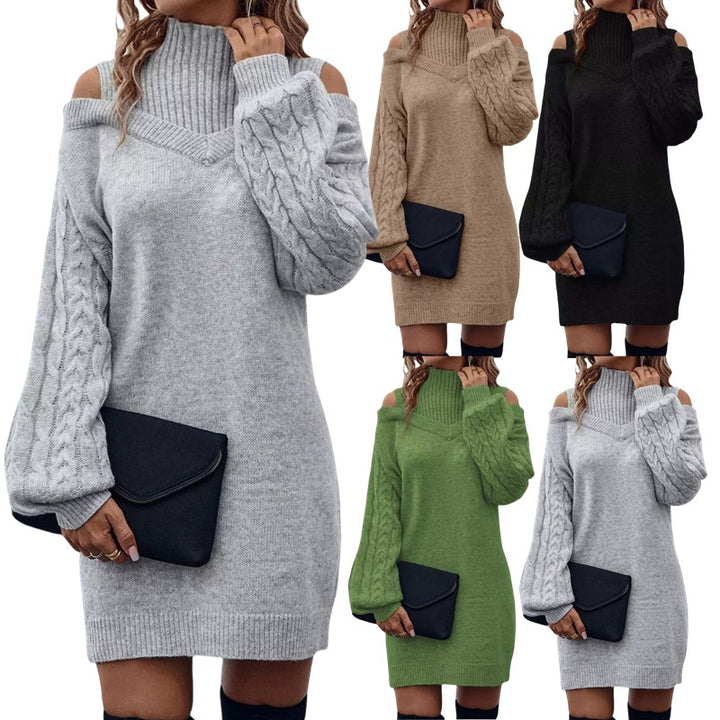 Damen Strickkleid mit Off-Shoulder-Design und einzigartigem Zopfstrick Drune