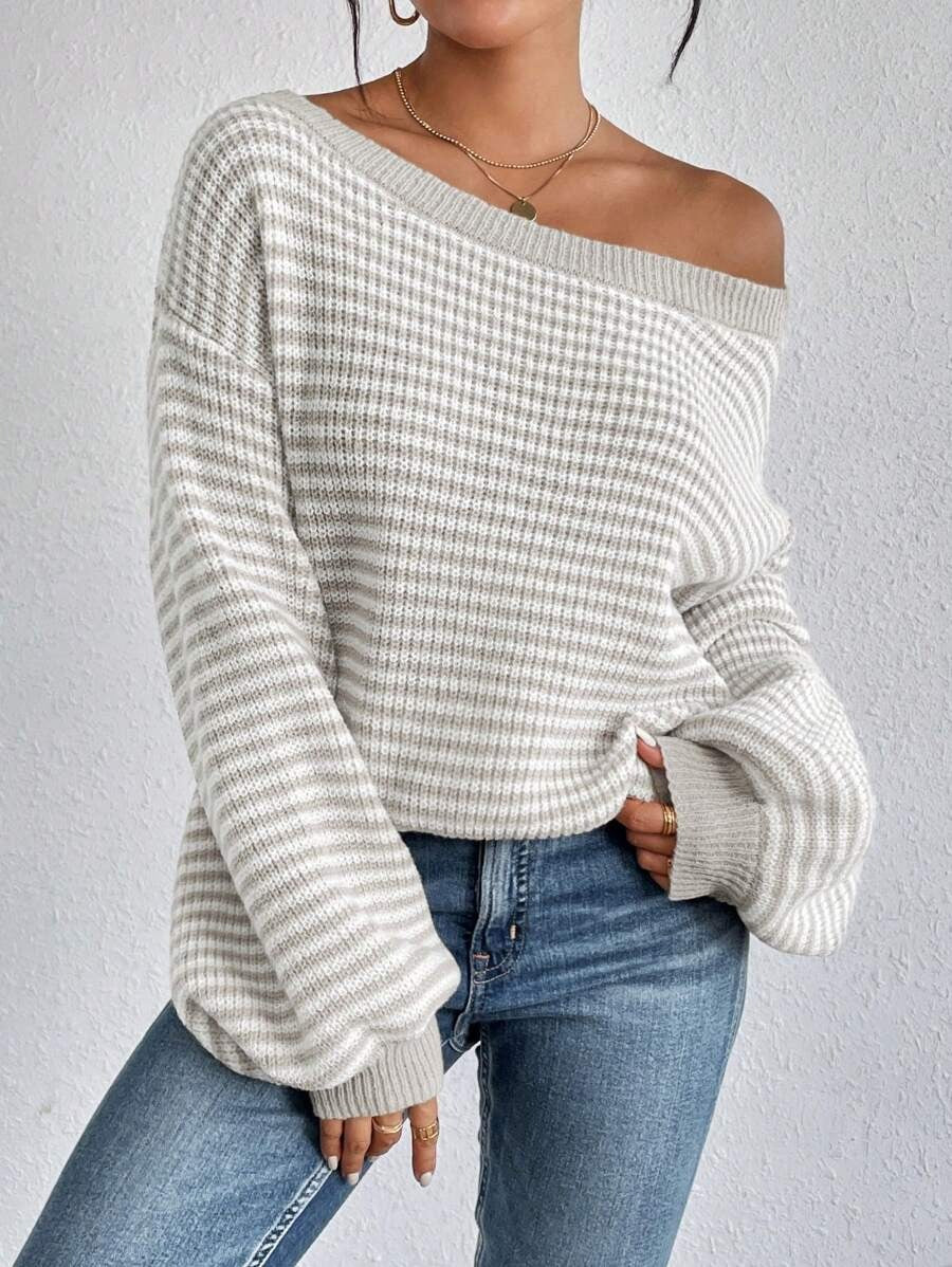 Damen Oversized Strickpullover mit weitem Rundhalsausschnitt Drune