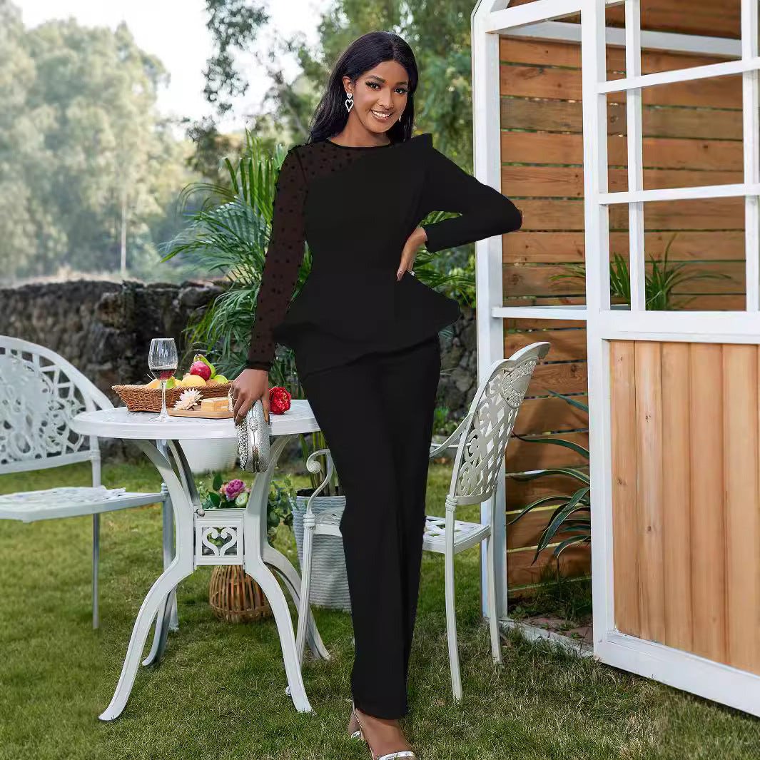 Damen Eleganter Jumpsuit mit transparenten Puffärmeln und tiefem V-Ausschnitt Drune