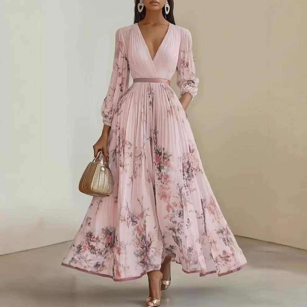 Damen Prachtvolles Maxikleid mit tiefem V-Ausschnitt und floralem Design Drune